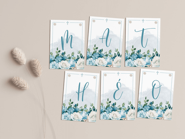 Banderole Baptême Fleurs &amp; Blush bleu